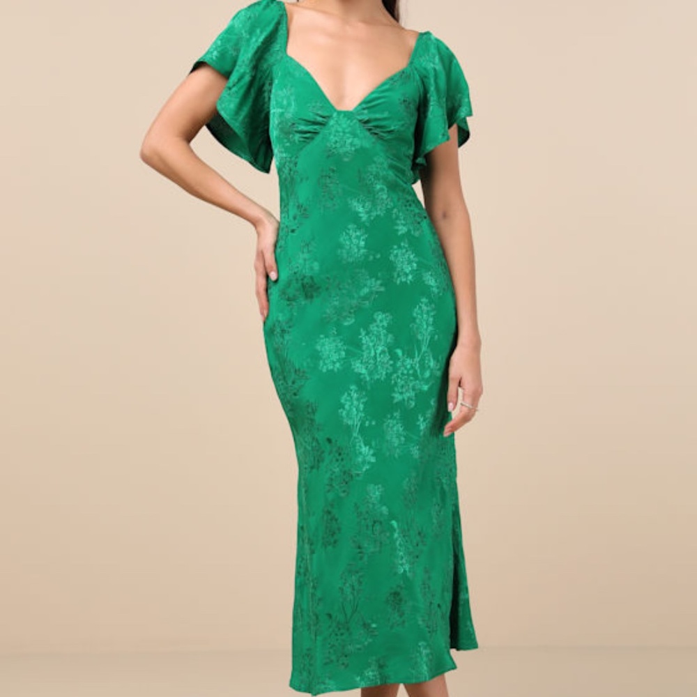 Lulus Effervescent Afternoon Green Satin Flutter Sleeve Midi Dress - Size L